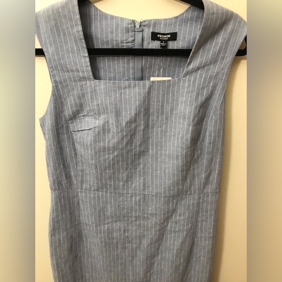 NEW Premise Women Linen Blend Blue White Pinstripe Square Neck Sheath Dress SZ 8 - Picture 5 of 12
